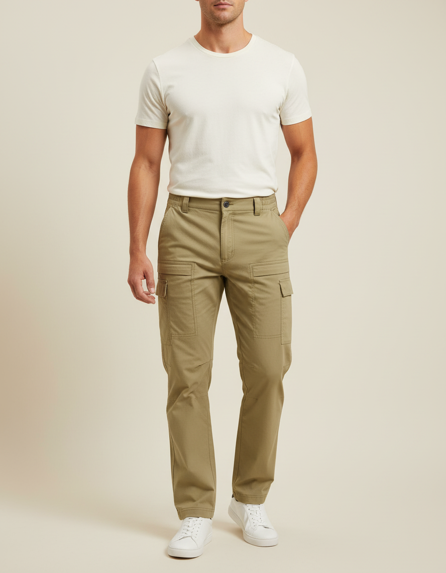 Pantalon Cargo Kaki Homme Coupe Droite Décontracté Coton - Toile