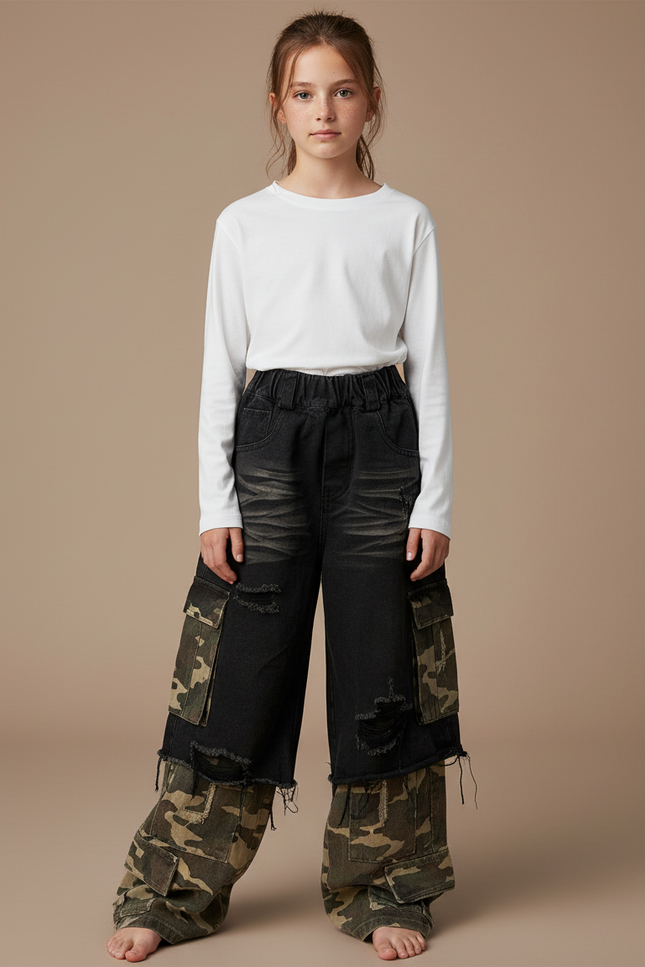 Pantalon Cargo Noir Camouflage Ample Délavé Fille - Multicolore Jean