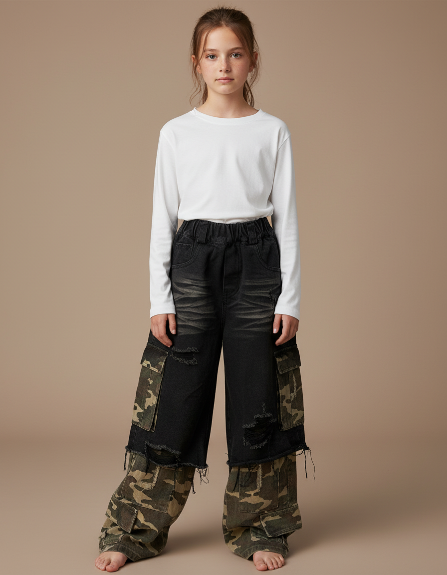 Pantalon Cargo Noir Camouflage Ample Délavé Fille - Multicolore Jean