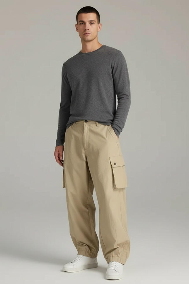 Pantalon Cargo Beige Ample Multipoches Homme Coton