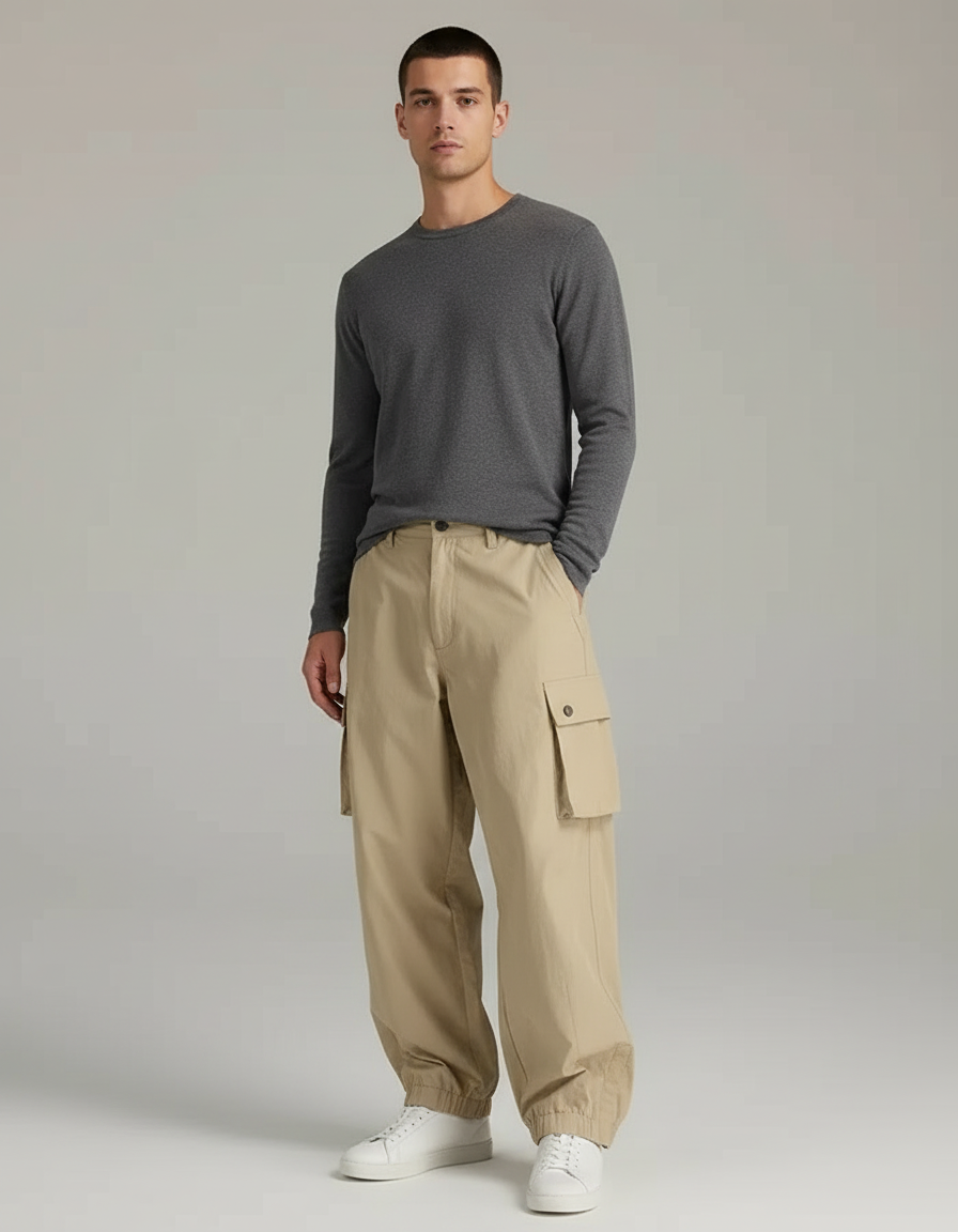Pantalon Cargo Beige Ample Multipoches Homme Coton