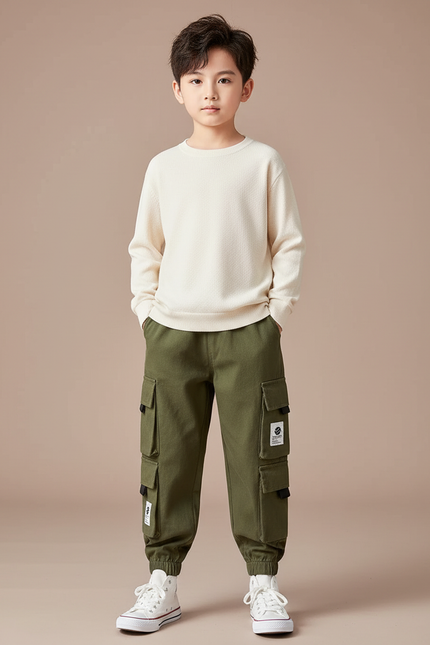 Pantalon Cargo Vert Kaki Ample Multipoches Garçon - Toile
