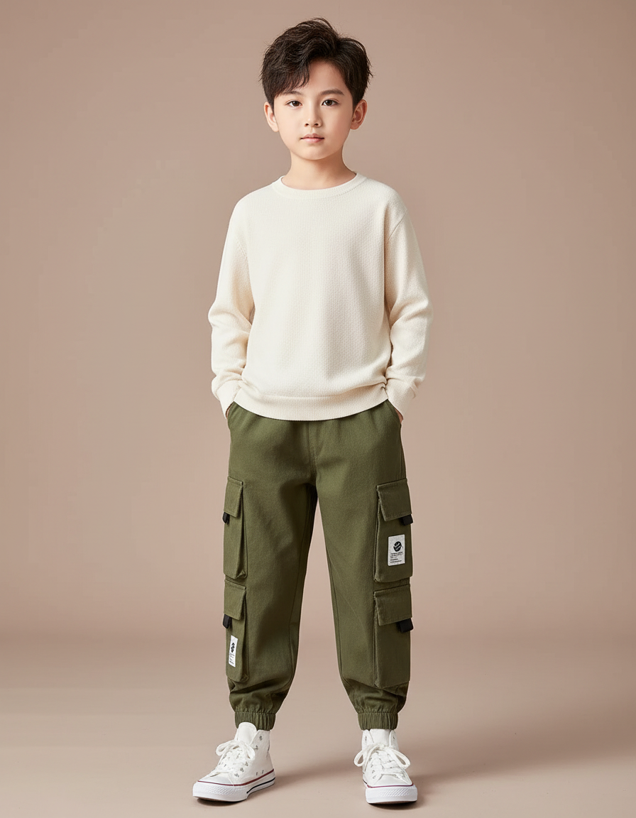 Pantalon Cargo Vert Kaki Ample Multipoches Garçon - Toile