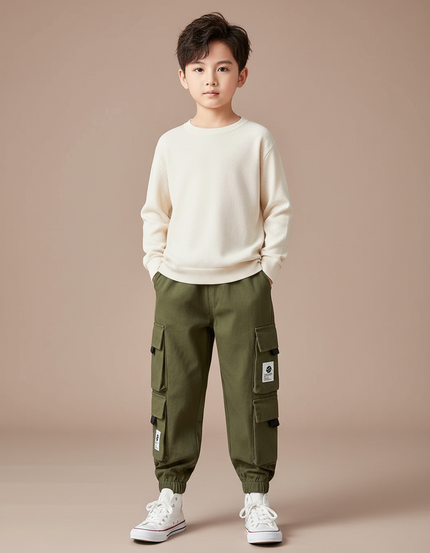 Pantalon Cargo Vert Kaki Ample Multipoches Garçon - Toile