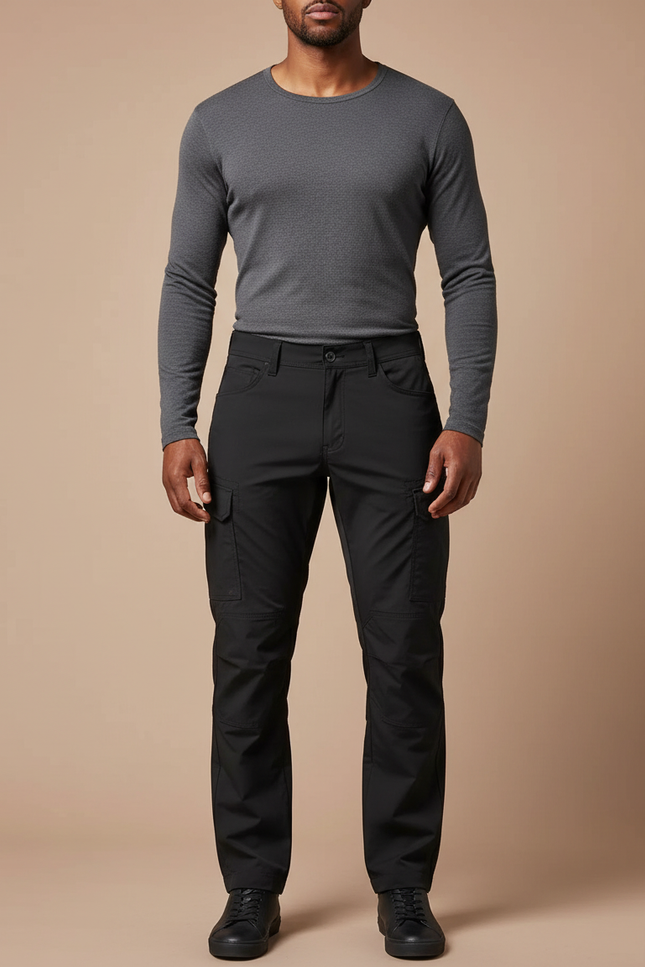 Pantalon Cargo Homme Noir Coupe Droite Multipoches Décontracté - Polyester