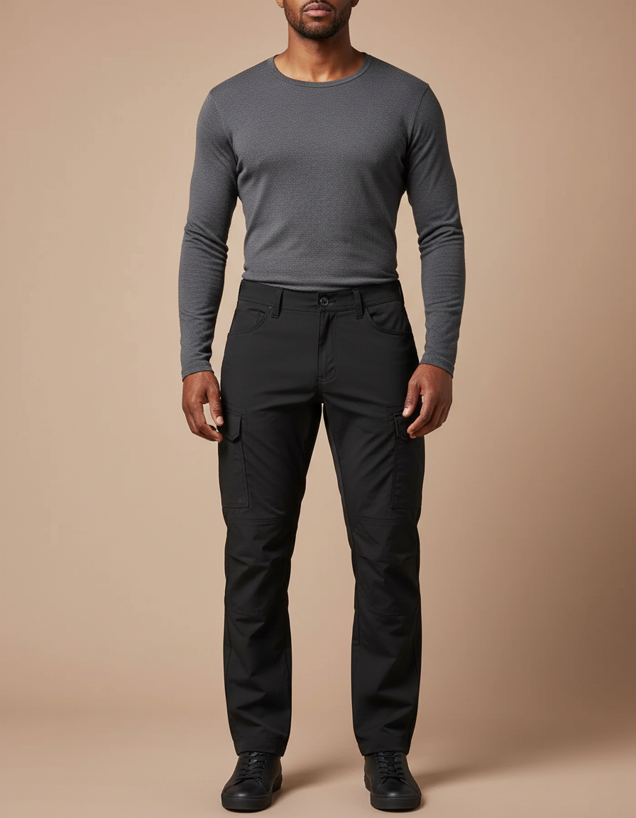 Pantalon Cargo Homme Noir Coupe Droite Multipoches Décontracté - Polyester