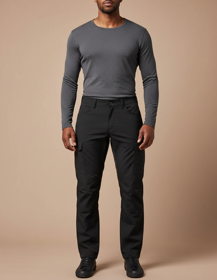 Pantalon Cargo Homme Noir Coupe Droite Multipoches Décontracté - Polyester