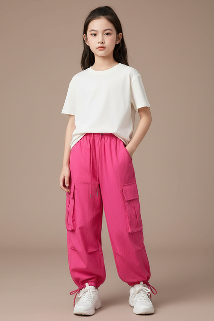 Pantalon Cargo Rose Ample Décontracté Streetwear Fille - Toile