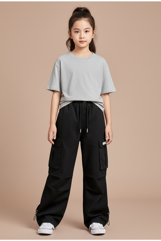 Pantalon Cargo Noir Décontracté Multipoches Enfant - Toile