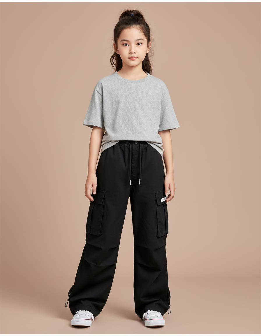 Pantalon Cargo Noir Décontracté Multipoches Enfant - Toile