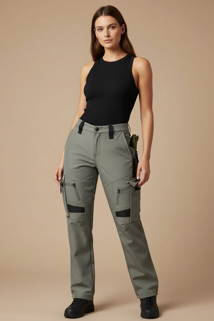 Pantalon Cargo Femme Gris Multipoches Coupe Droite - Kaki Polyester