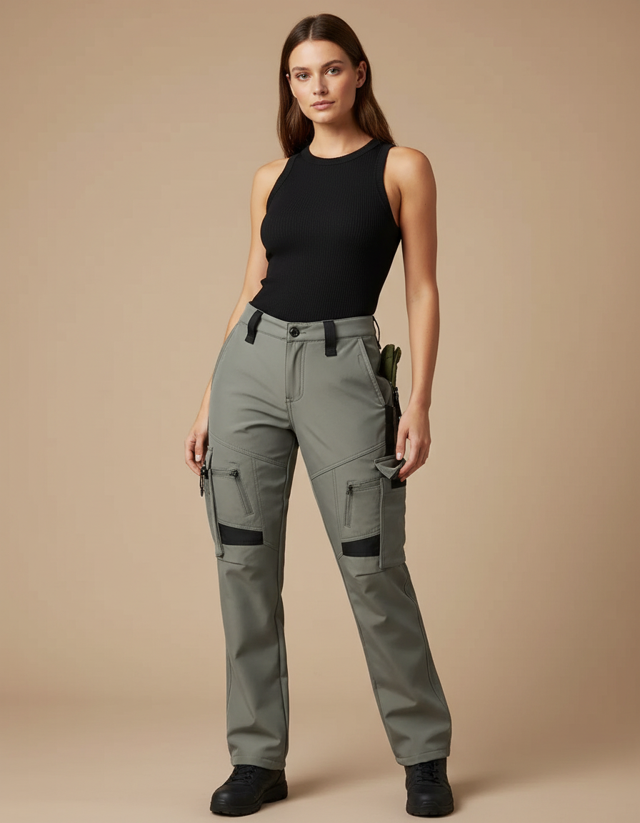 Pantalon Cargo Femme Gris Multipoches Coupe Droite - Kaki Polyester