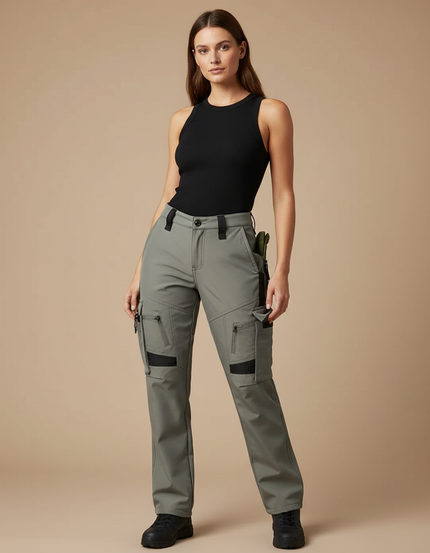 Pantalon Cargo Femme Gris Multipoches Coupe Droite - Kaki Polyester