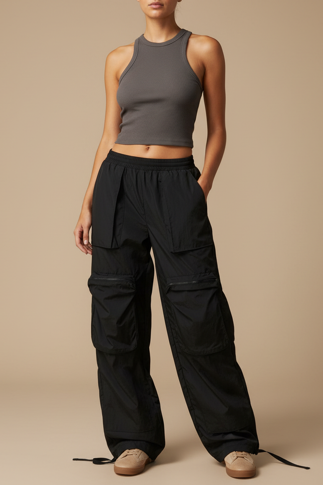 Pantalon Cargo Noir Ample Multipoches Décontracté Nylon - Polyester