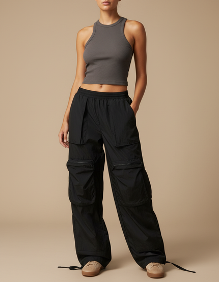 Pantalon Cargo Noir Ample Multipoches Décontracté Nylon - Polyester
