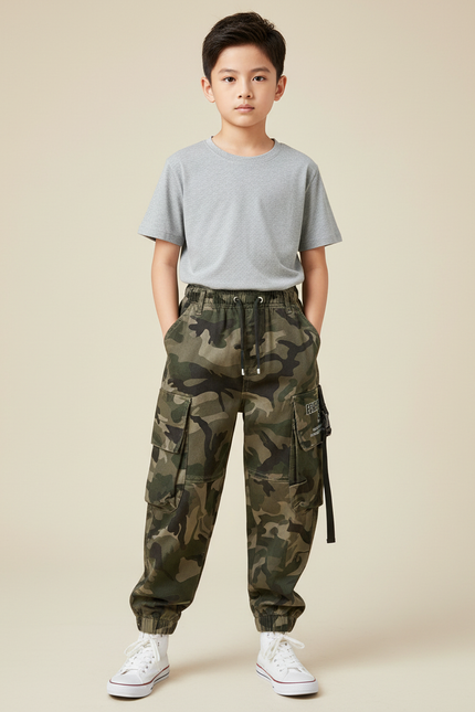 Pantalon Cargo Camouflage Coton Streetwear Garçon Multi-Poches - Multicolore Toile