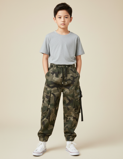Pantalon Cargo Camouflage Coton Streetwear Garçon Multi-Poches - Multicolore Toile