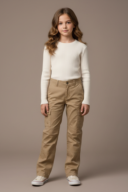 Pantalon Cargo Kaki Coton Multipoches Enfant Décontracté - Toile