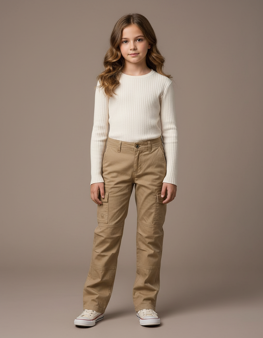 Pantalon Cargo Kaki Coton Multipoches Enfant Décontracté - Toile