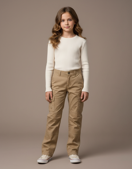 Pantalon Cargo Kaki Coton Multipoches Enfant Décontracté - Toile