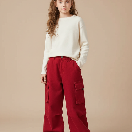 Pantalon Cargo Rouge Ample Fille Multipoches Décontracté - Cordé