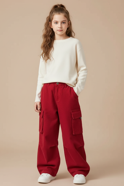 Pantalon Cargo Rouge Ample Fille Multipoches Décontracté - Cordé