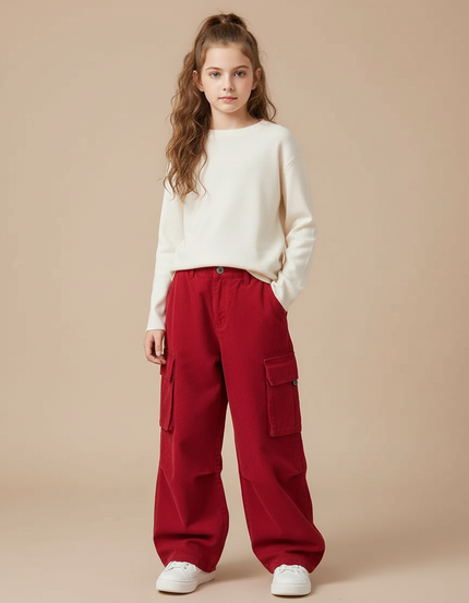 Pantalon Cargo Rouge Ample Fille Multipoches Décontracté - Cordé