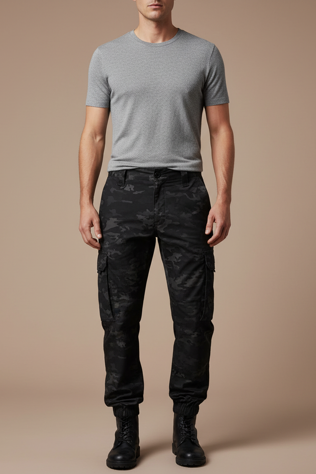 Pantalon Cargo Homme Noir Camouflage Multipoches Jogger - Toile
