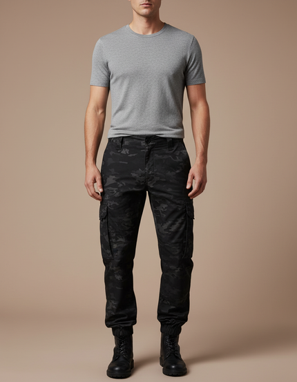 Pantalon Cargo Homme Noir Camouflage Multipoches Jogger - Toile