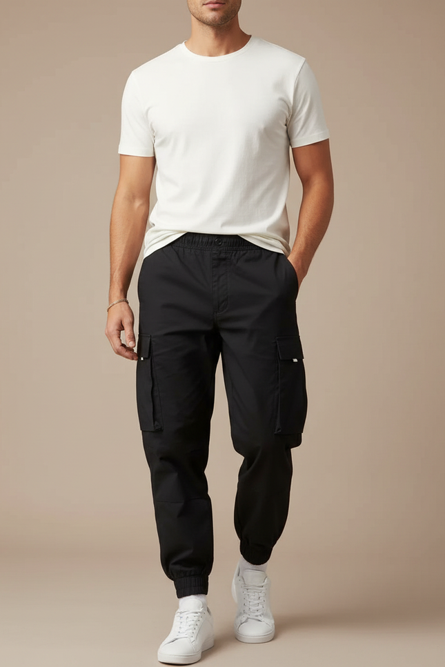 Pantalon Cargo Noir Décontracté Cordon Homme - Gabardine