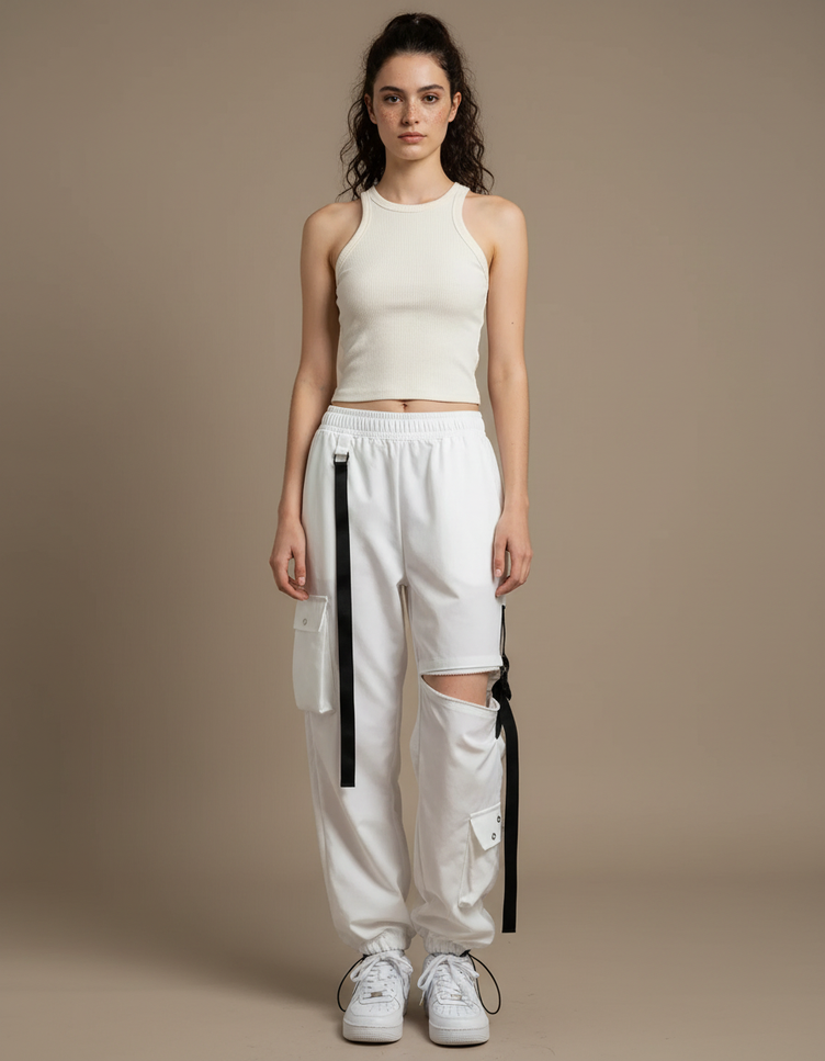Pantalon Blanc Cargo Femme - Toile