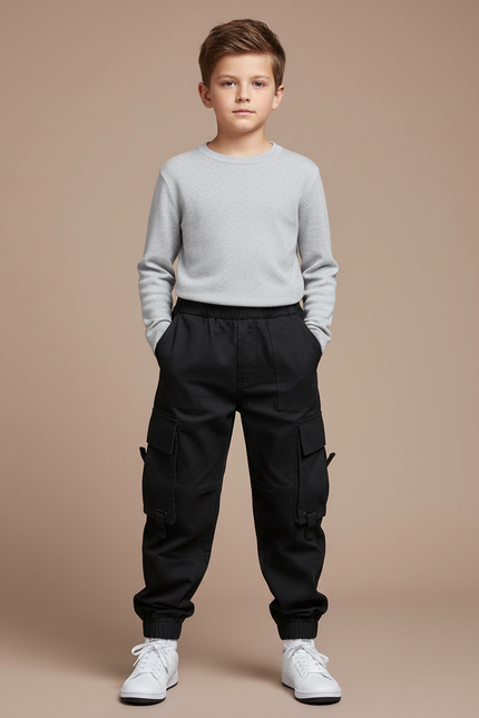Pantalon Cargo Noir Coton Multipoches Garçon - Toile