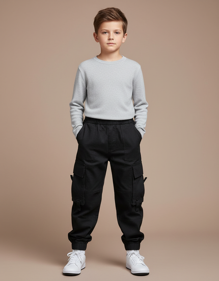 Pantalon Cargo Noir Coton Multipoches Garçon - Toile