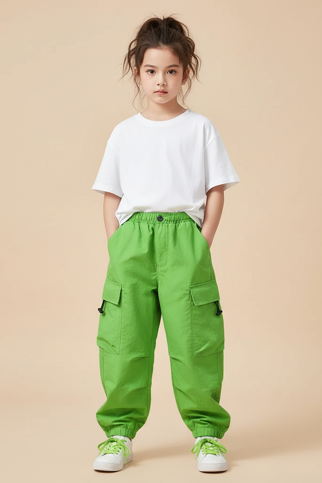 Pantalon Cargo Vert Vif Ample Enfants Streetwear - Polyester