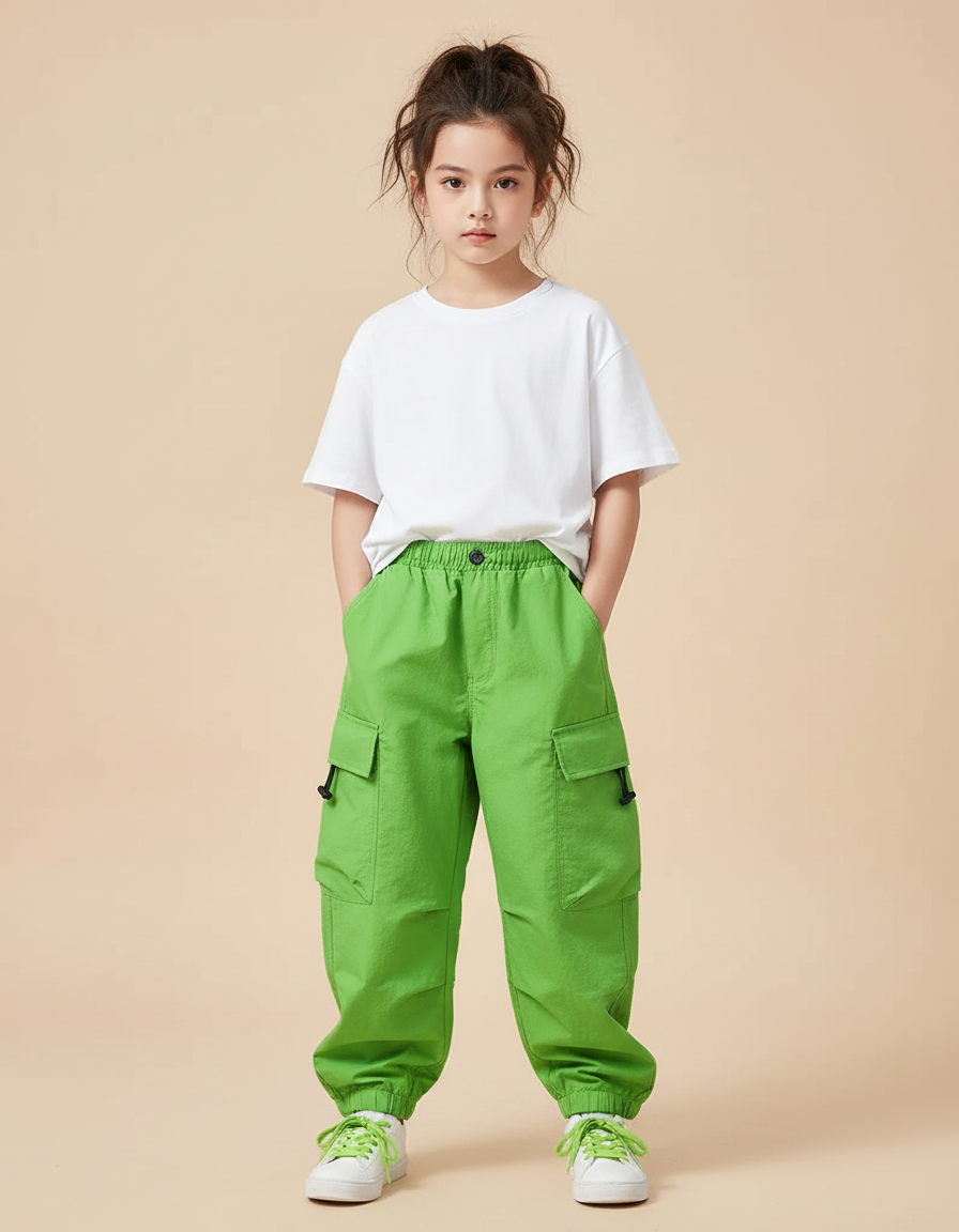 Pantalon Cargo Vert Vif Ample Enfants Streetwear - Polyester
