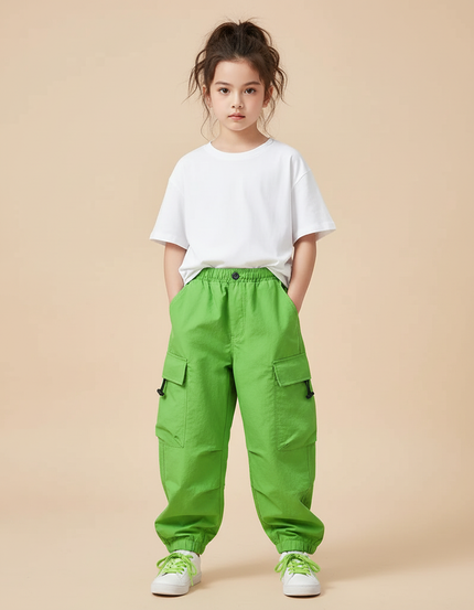 Pantalon Cargo Vert Vif Ample Enfants Streetwear - Polyester