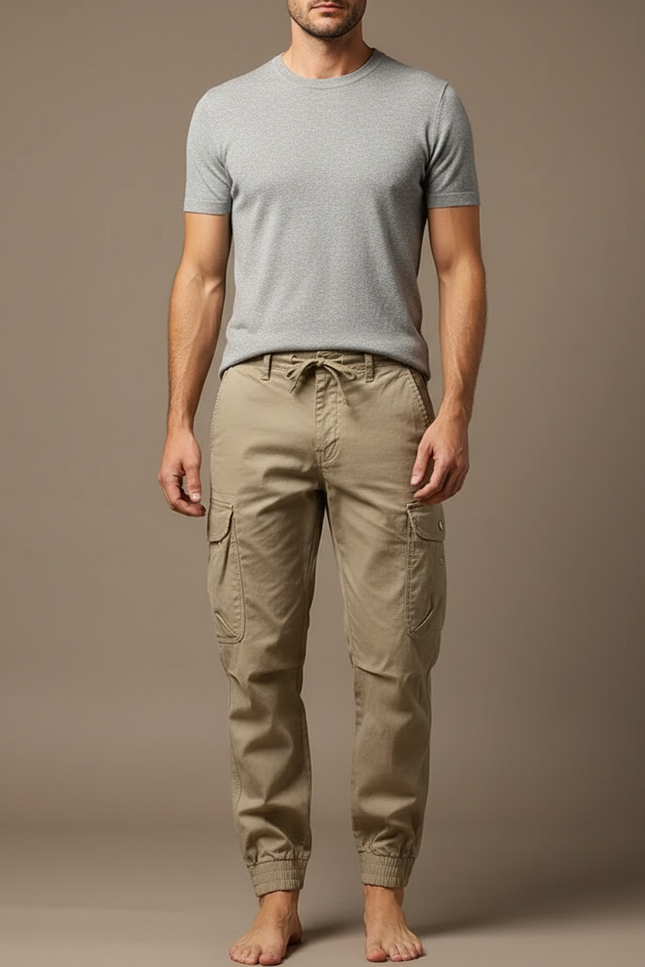 Pantalon Cargo Homme Beige Coton Multipoches Décontracté Jogger