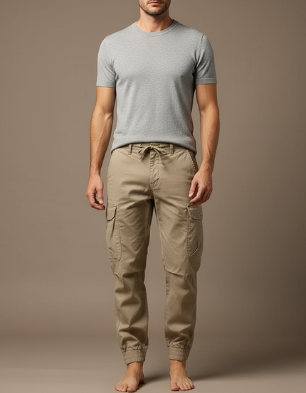 Pantalon Cargo Homme Beige Coton Multipoches Décontracté Jogger