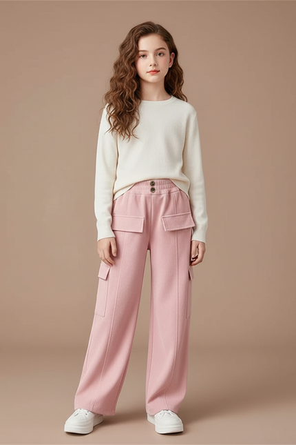 Pantalon Cargo Rose Ample Taille Haute Fille Décontracté - Molleton