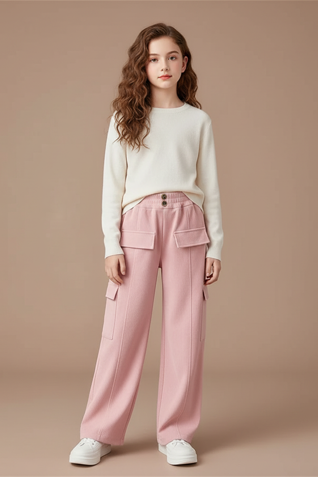 Pantalon Cargo Rose Ample Taille Haute Fille Décontracté - Molleton