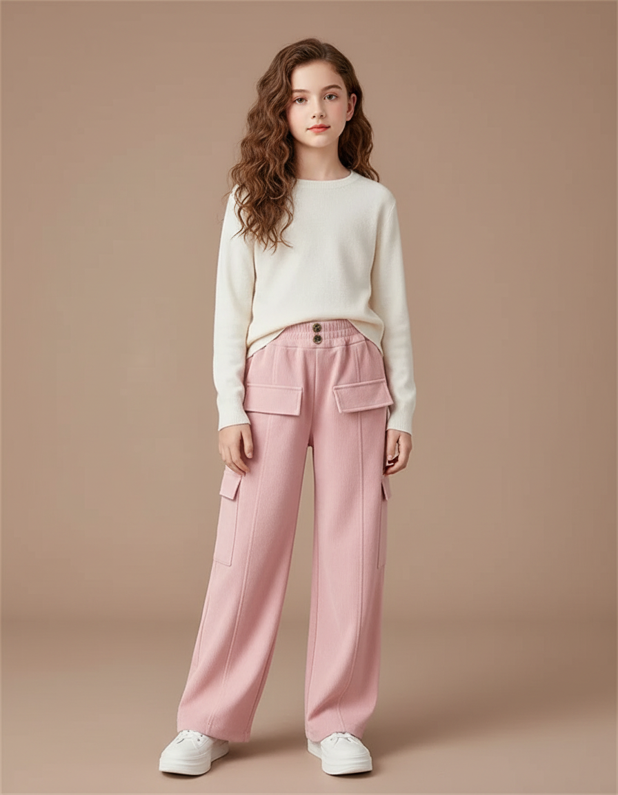 Pantalon Cargo Rose Ample Taille Haute Fille Décontracté - Molleton