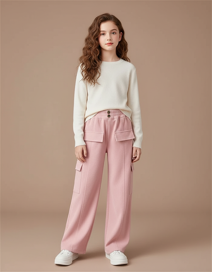 Pantalon Cargo Rose Ample Taille Haute Fille Décontracté - Molleton