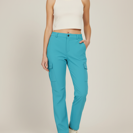 Pantalon Cargo Turquoise Fluide Taille Haute Femme - Bleu Polyester