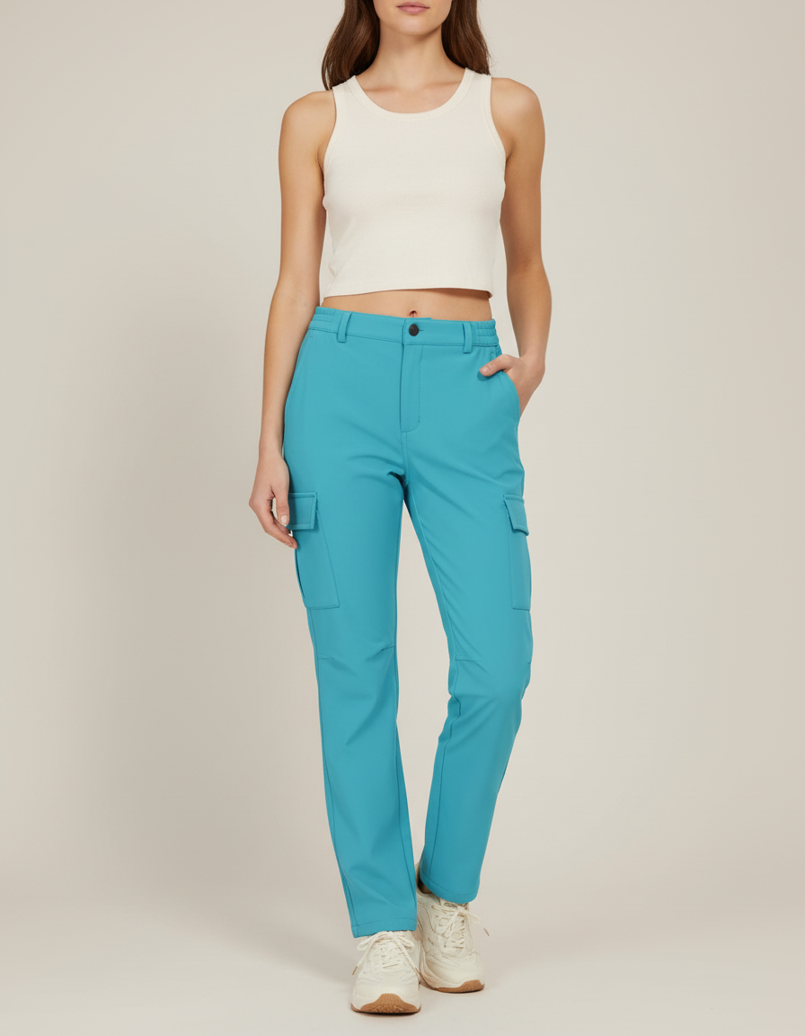 Pantalon Cargo Turquoise Fluide Taille Haute Femme - Bleu Polyester