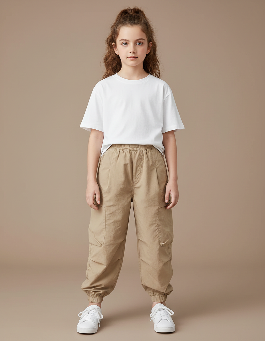 Pantalon Cargo Beige Ample Décontracté Enfant Fille - Polyester