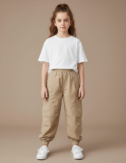 Pantalon Cargo Beige Ample Décontracté Enfant Fille - Polyester