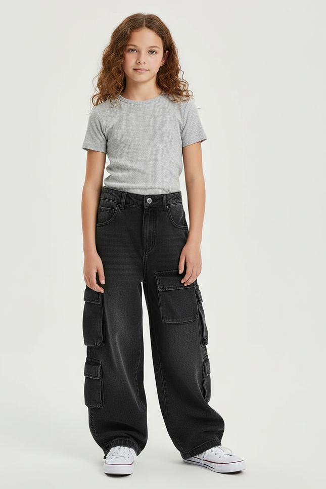 Pantalon Cargo Noir Ample Denim Multipoches Fille - Jean