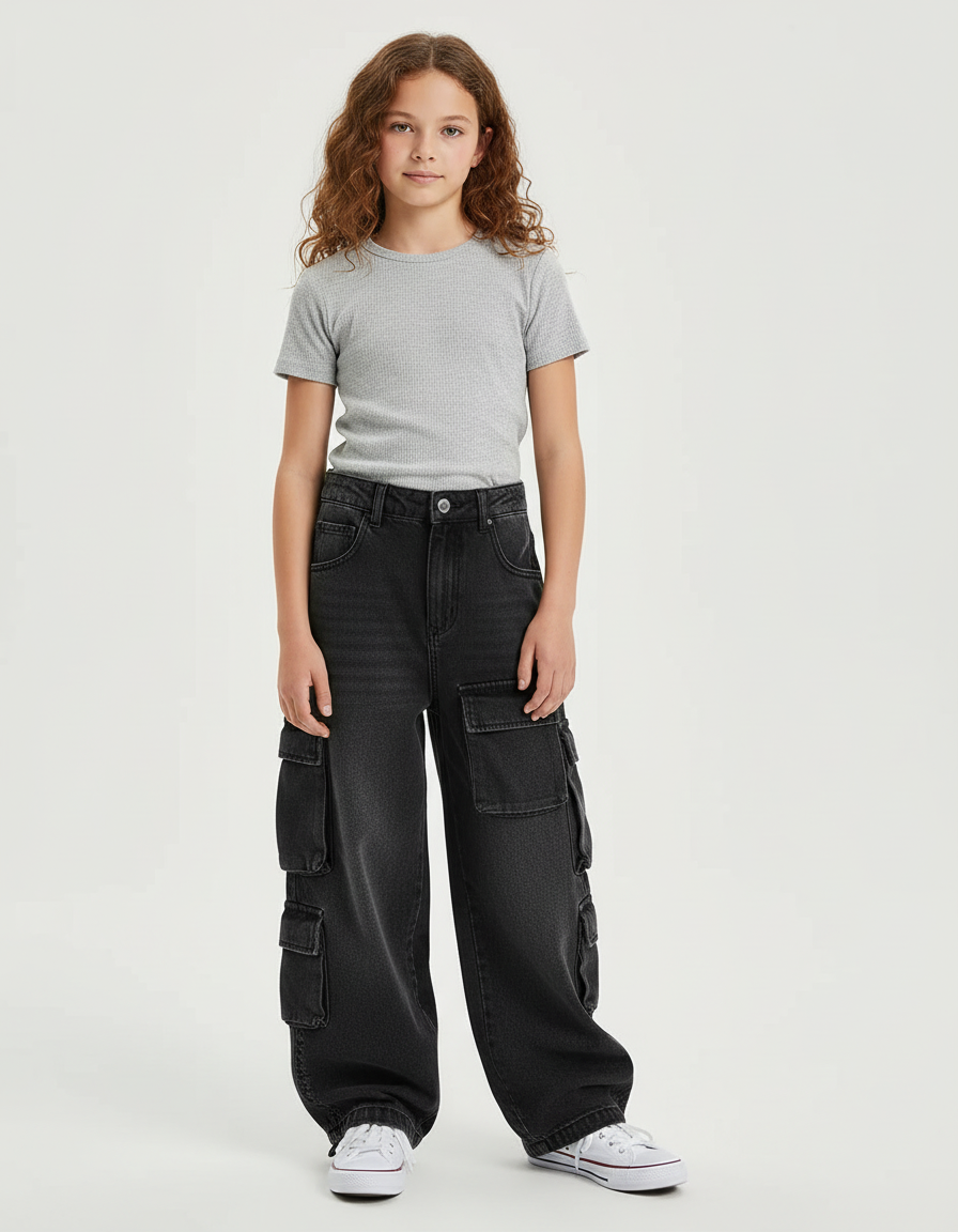 Pantalon Cargo Noir Ample Denim Multipoches Fille - Jean