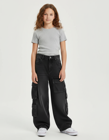Pantalon Cargo Noir Ample Denim Multipoches Fille - Jean