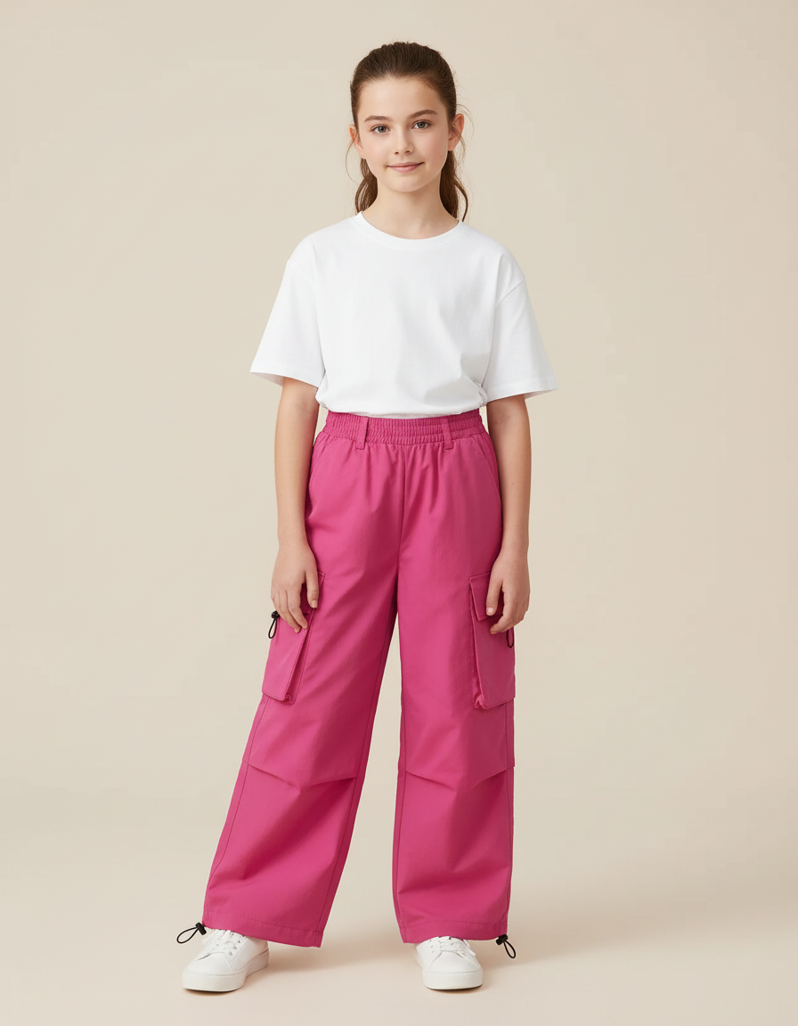 Pantalon Cargo Fuchsia Ample Enfant Multipoches Décontracté - Rose Polyester